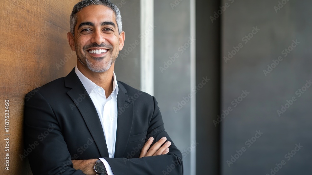 Confident businessman posing against wall. Confident businessman posing against wall.