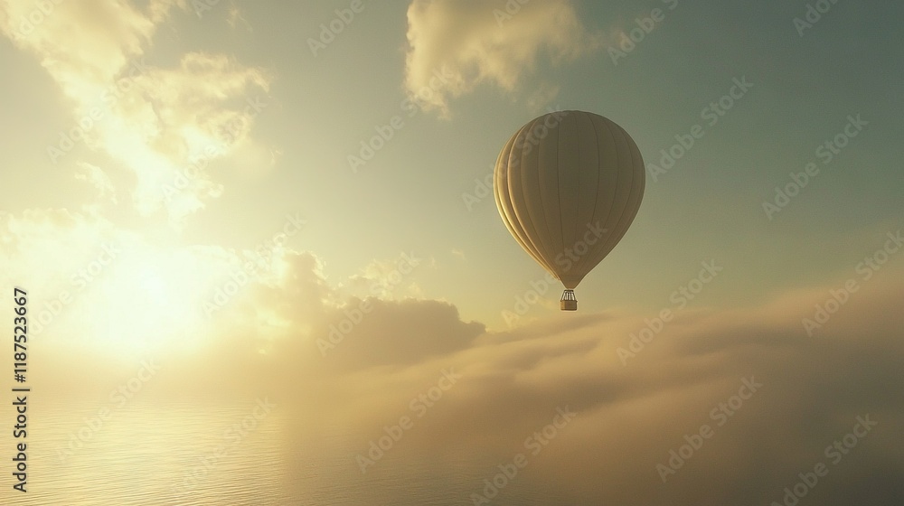 Fototapeta premium Hot air balloon flying high above cloudy sky; sun shining through clouds, water below