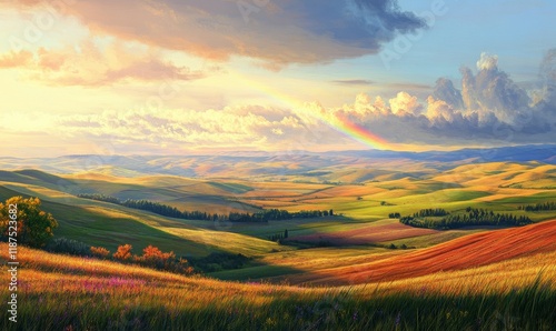 Rolling hills and valleys with a stunning rainbow arched over the sky, beautiful landscape, outdoor scenery