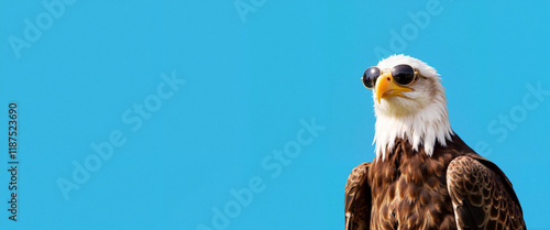 Bald eagle wearing aviator sunglasses perched on tree branch, humorous pride