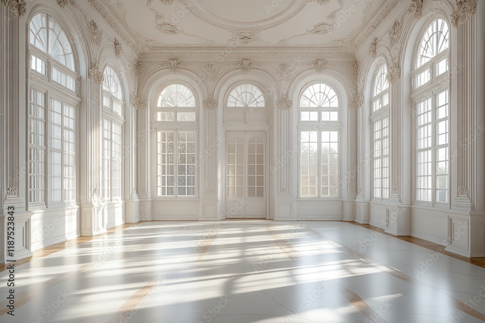 Modern minimalist interior with empty white room and plaster molding elegant wooden floor and large windows Modern minimalist interior with empty white room and plaster molding elegant wooden floor and large windows