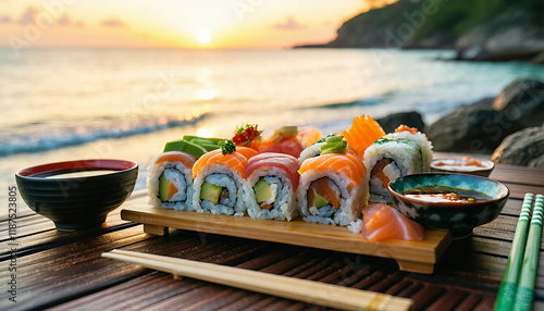 A serene seaside picnic setup featuring an artful platter of sushi rolls with vibrant avocado, tuna