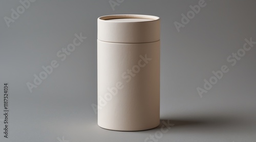 Beige cylindrical container on grey background. Product packaging mockup, studio shot. Ideal for branding and design.