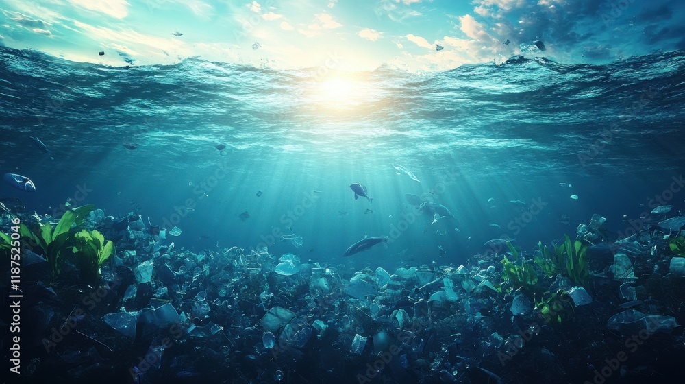 Fototapeta premium Environmental problem of plastic rubbish pollution in ocean