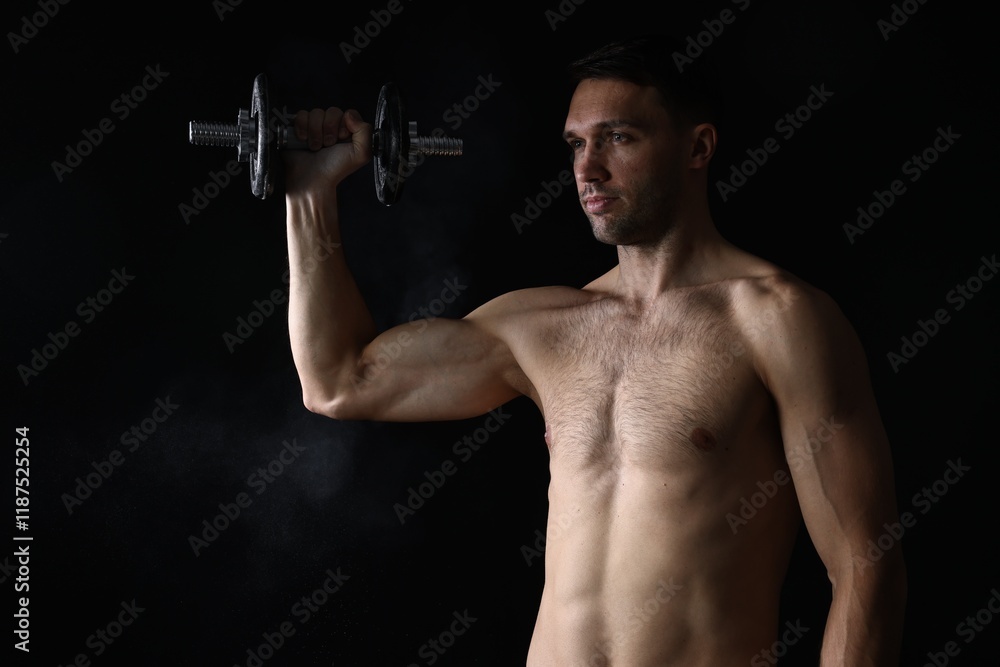 Man training with barbell on black background Man training with barbell on black background