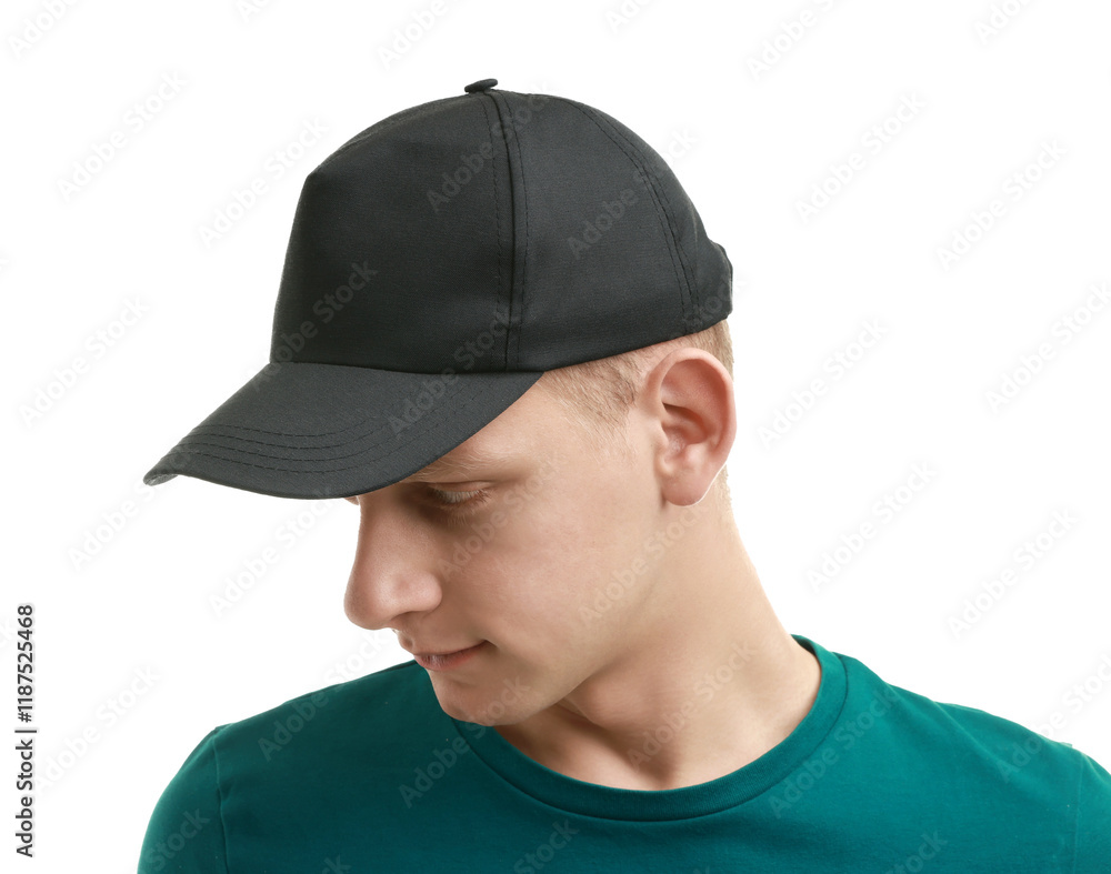 Man in stylish baseball cap on white background. Mockup for design Man in stylish baseball cap on white background. Mockup for design