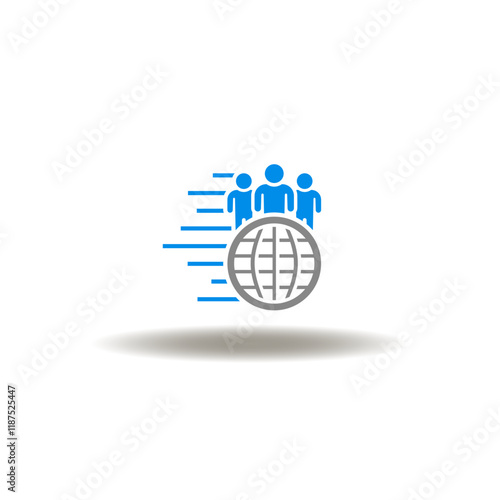 Vector illustration of fast moving earth globe and people groupe. Symbol of population growth. Demographic icon.