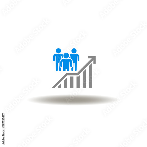 Vector illustration of graph increasing with people group. Symbol of population growth. Icon of social, demographic statistics analysis.