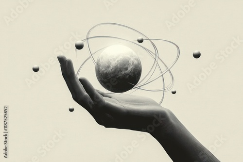 Hand Holding Sphere Representing Universe Activities and Cosmic Connections in Surreal Style