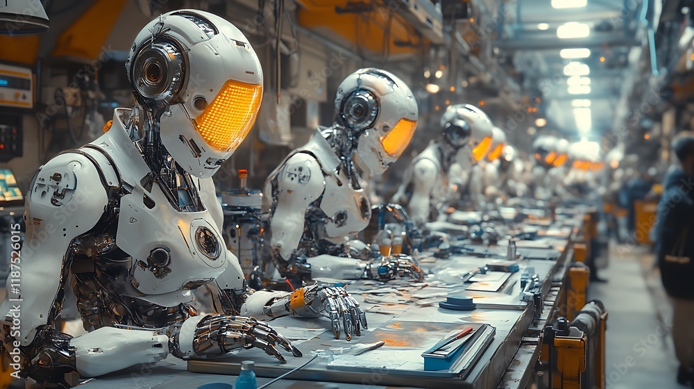 Fototapeta premium Futuristic robots working on an assembly line in a modern factory.