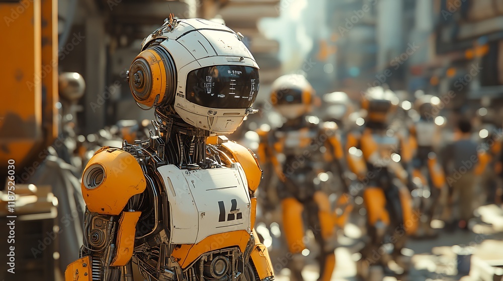 Futuristic robots in a city. Futuristic robots in a city.