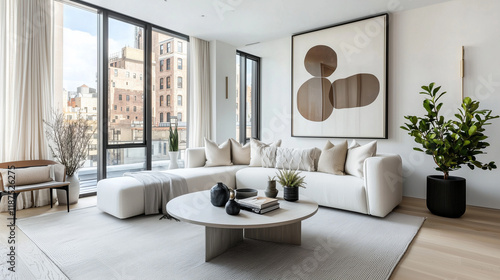 bright Scandinavian-style living room featuring a sleek white sofa adorned with textured throw pillows and a light gray rug. The room showcases light oak wood flooring and a coffee table with clean