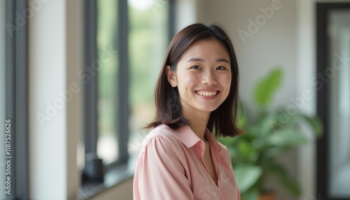Free Download A joyful young Asian woman with shoulder-length hair beams at the camera, radiating positivity in a contemporary office setting. The soft natural light highlights her warm smile, creating an inviting - GFXLoad