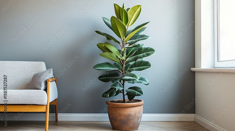Fototapeta premium Minimalist living room with rubber tree plant and modern armchair in sunlight