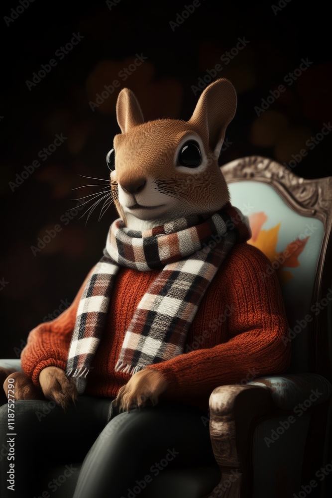 Fototapeta premium A whimsical, anthropomorphic squirrel sits comfortably in an ornate chair, wearing a cozy sweater and scarf, exuding a charming and relaxed vibe.
