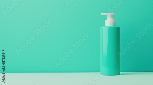Discarded plastic shampoo bottle on minimalist turquoise surface for environmental awareness