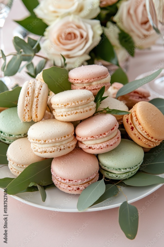 Pastel macarons on a plate with eucalyptus leaves Pastel macarons on a plate with eucalyptus leaves