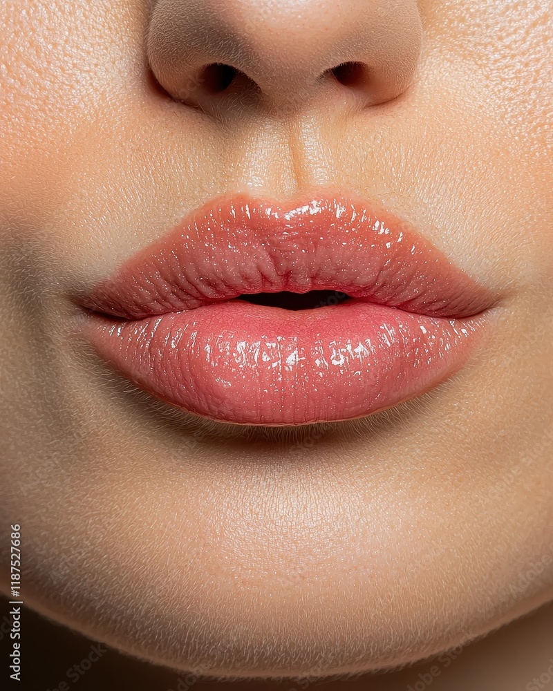 Fototapeta premium Close-up of woman's lips with glossy pink lipstick