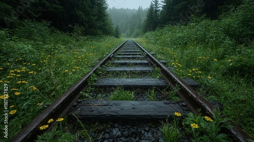 Train tracks disappearing into a lush forest on a rainy day