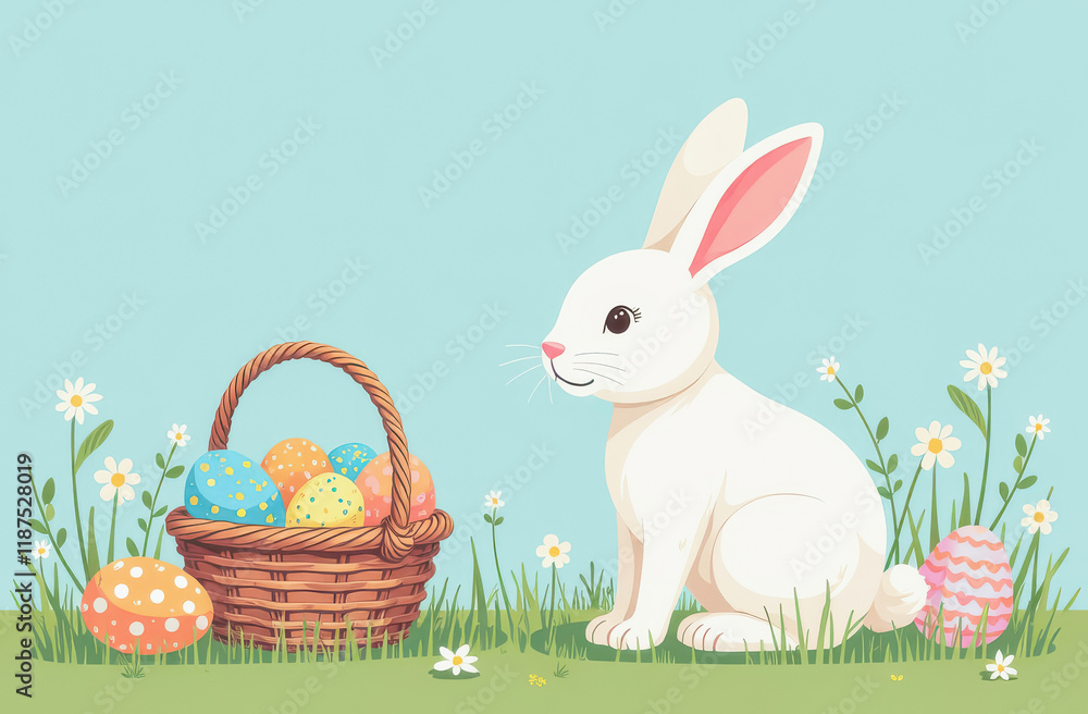 Cute rabbit sits beside a basket full of colorful Easter eggs in a grassy field with flowers Cute rabbit sits beside a basket full of colorful Easter eggs in a grassy field with flowers