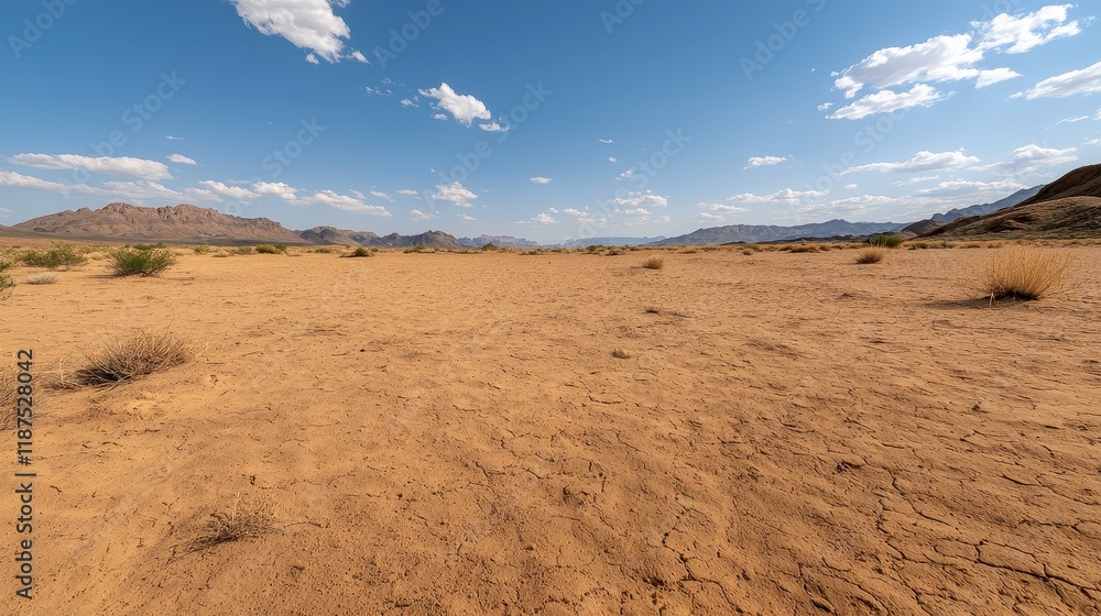 Dry cracked earth desert landscape under a blue sky Dry cracked earth desert landscape under a blue sky