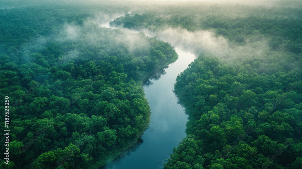 Aerial forest photography capturing a river snaking through dense woods in early morning mist Aerial forest photography capturing a river snaking through dense woods in early morning mist