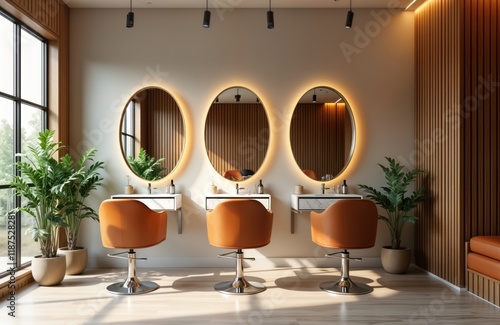 Modern hair salon interior with three stylish orange leather chairs. Natural light illuminates space with wooden wall panels, oval mirrors. Plants add touch of natural decor. Salon offers peaceful,