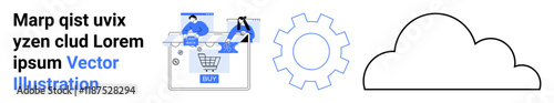 E-commerce team collaborating online with shopping elements, gear icon symbolizing settings or automation, cloud symbol. Ideal for tech services, online collaboration, automation, cloud services