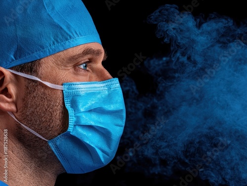 Profile of a doctor wearing a surgical mask and cap, with blue smoke in the background