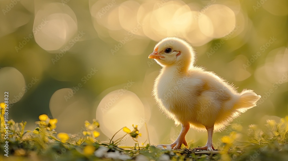 Baby chick in golden sunlight, meadow background, springtime, nature photography, ideal for springtime cards. Baby chick in golden sunlight, meadow background, springtime, nature photography, ideal for springtime cards.