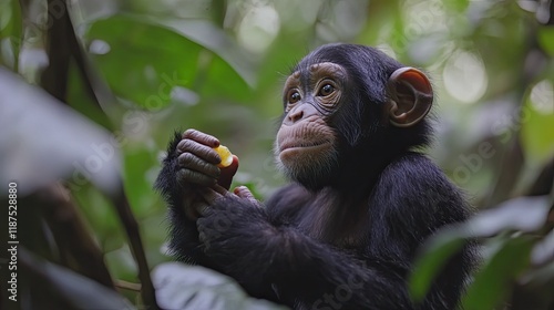 Young chimpanzee eating fruit in lush rainforest. photo