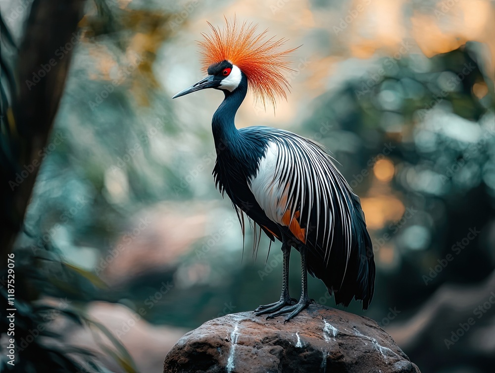 Naklejka premium Majestic grey crowned crane perched on rock, lush tropical background, wildlife photography.