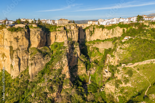 Aerial view of the Ronda medieval town at sunset, Andalusia, Spain