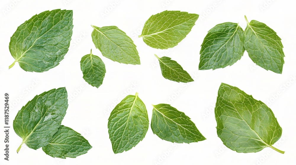 Fototapeta premium Fresh Mint Leaves Isolated on White Background for Culinary Use