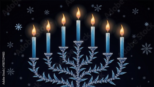 A beautiful menorah with glowing blue candles and intricate silver designs, surrounded by snowflake patterns on a dark background, evoking a festive winter atmosphere. Generative, AI, photo