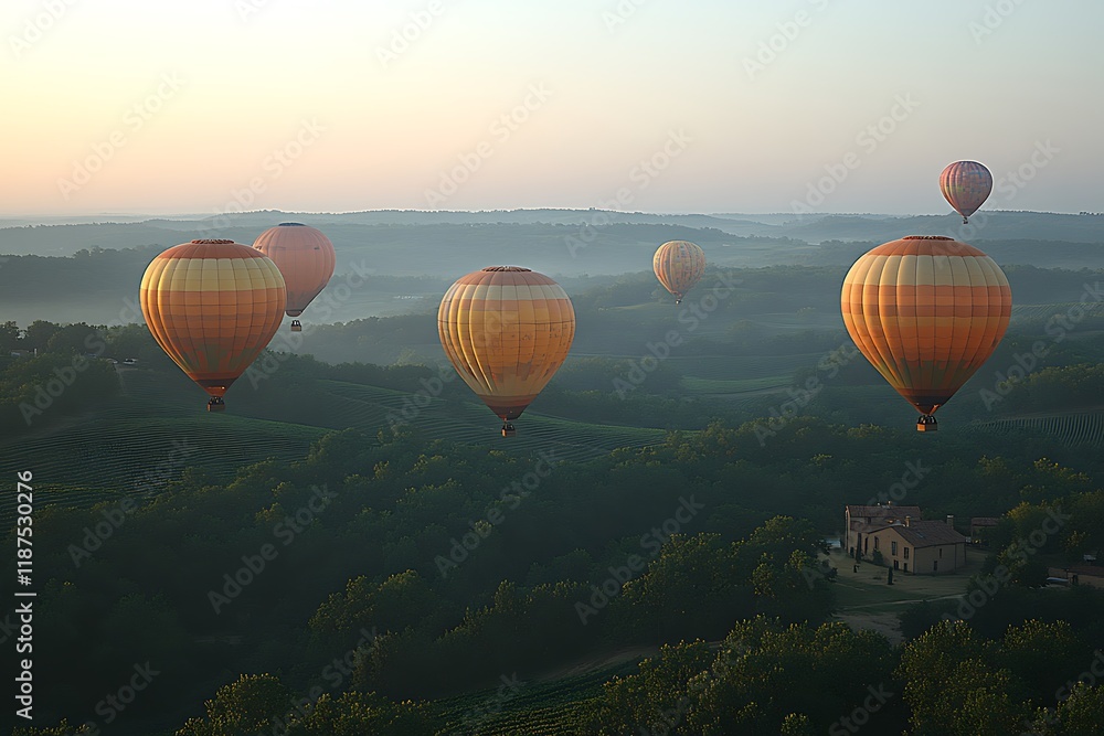 Obraz premium Hot Air Balloons Soaring Over Rolling Hills at Sunrise
