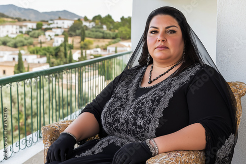 Fotografía de retrato de una mujer vestida de negro con velo y peineta de mantilla, sentada en una silla photo