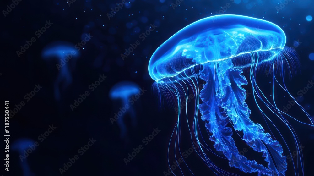 Glowing blue jellyfish underwater, dark background, ocean life. Glowing blue jellyfish underwater, dark background, ocean life.