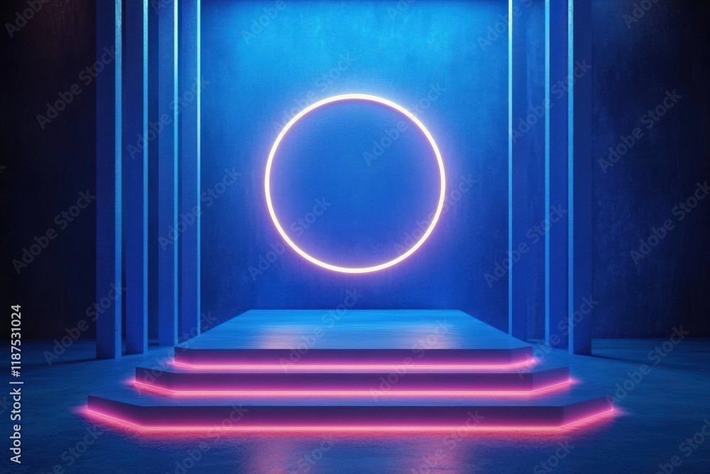 Fototapeta premium Minimalist Stage Design with Glowing Circular Light and Podium in Vibrant Blue Environment