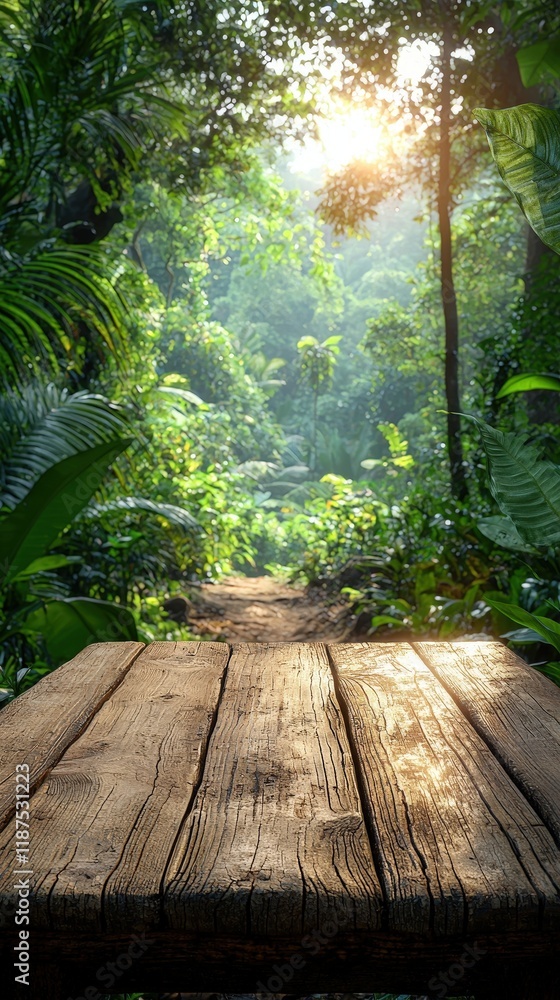 Empty wooden table with blurred jungle background and sunlight. Ideal for product placement or nature-themed designs. Empty wooden table with blurred jungle background and sunlight. Ideal for product placement or nature-themed designs.