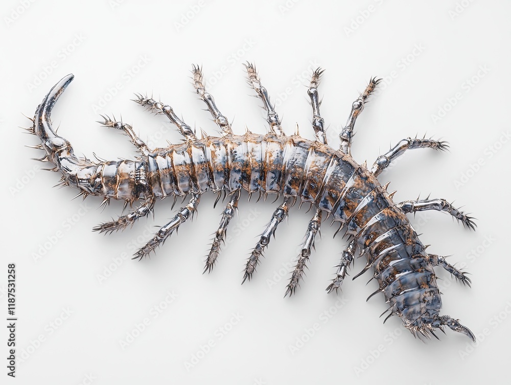 Obraz premium Metallic Centipede on White Background; Sci-fi Creature Design; 3D Render.