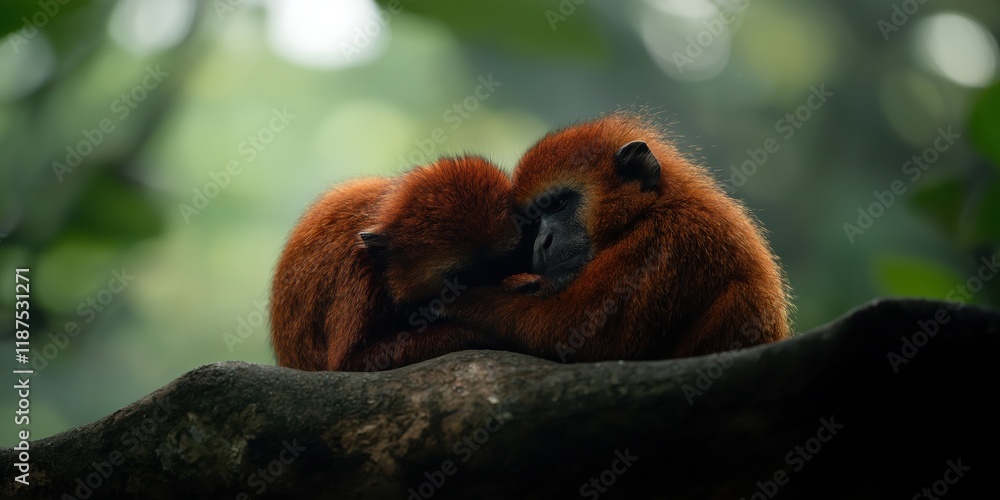 Obraz premium Two red-haired monkeys cuddle closely on a branch, showcasing their bond and affection, highlighting the beauty of animal relationships in the lush emerald jungles.