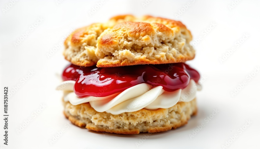 Delicious scone layered with strawberry jam and fresh cream. Sweet pastry perfect for afternoon tea. Tasty homemade treat on a white background. Isolated dessert image ideal for menus or food blogs. Delicious scone layered with strawberry jam and fresh cream. Sweet pastry perfect for afternoon tea. Tasty homemade treat on a white background. Isolated dessert image ideal for menus or food blogs.