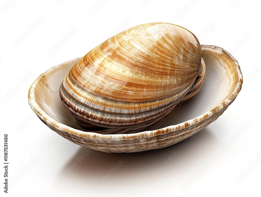 Single clam shell in another shell, white background, food preparation, seafood recipe. Single clam shell in another shell, white background, food preparation, seafood recipe.