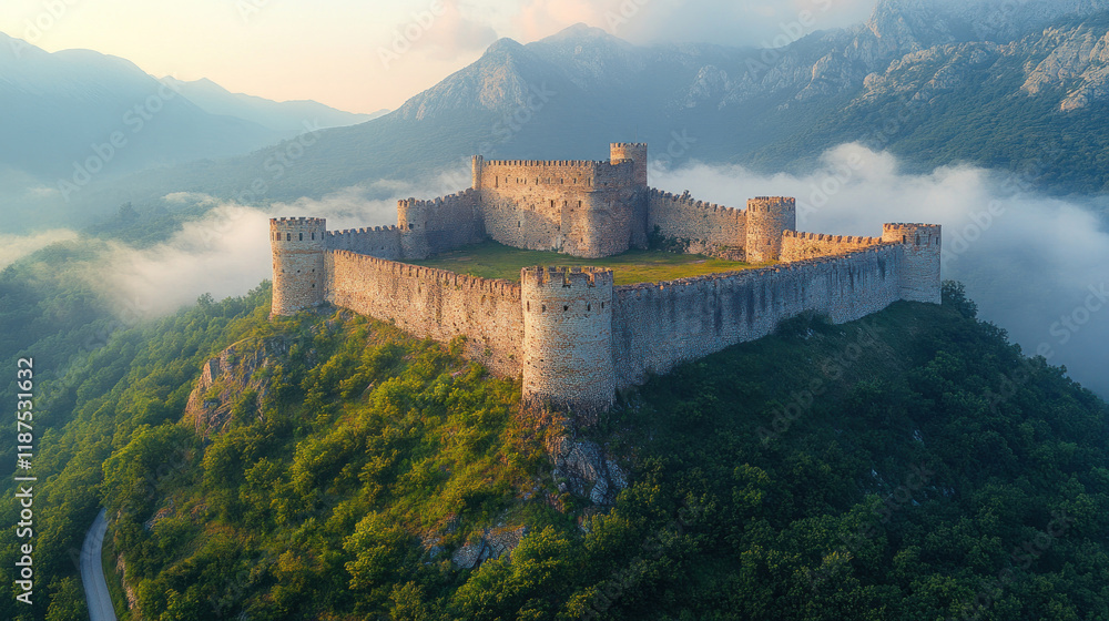 Aerial view of an ancient castle on a hilltop surrounded by lush green valleys and winding roads Aerial view of an ancient castle on a hilltop surrounded by lush green valleys and winding roads