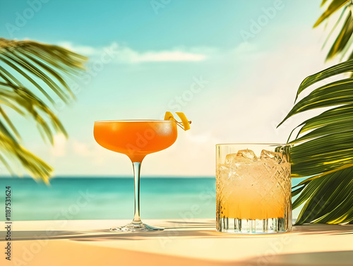 A vibrant cocktail and a glass of drink set against a serene beach backdrop.