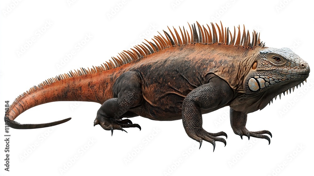 Fototapeta premium Red iguana reptile profile view, isolated white background, wildlife animal.