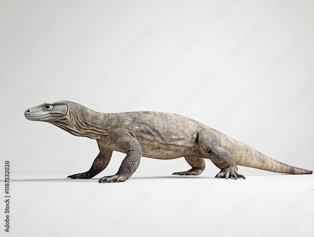 Fototapeta premium Komodo dragon walking, studio shot, white background, wildlife.
