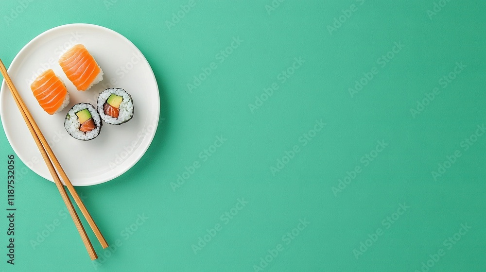 Sushi on a green plate with chopsticks Sushi on a green plate with chopsticks