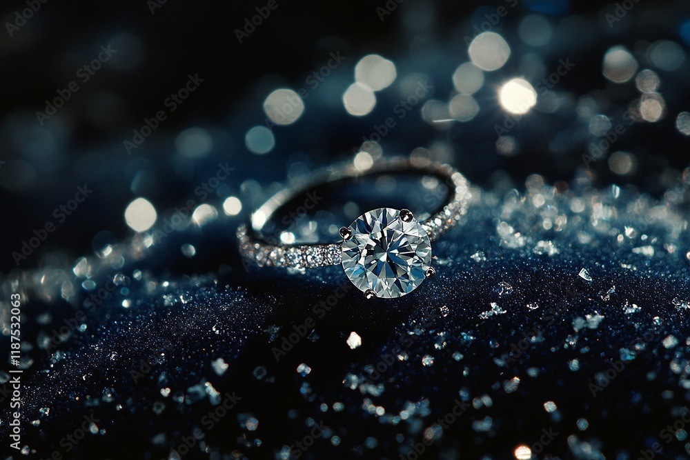 Macro shot of a diamond engagement ring with sparkling crystals on a midnight blue background Macro shot of a diamond engagement ring with sparkling crystals on a midnight blue background